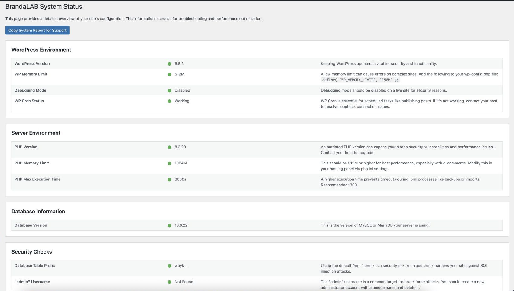 The clean and actionable dashboard of the BrandaLAB System Status plugin